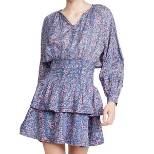 Cleobella Blue Pink Floral Smocked Cotton Bianca Mini Dress XS